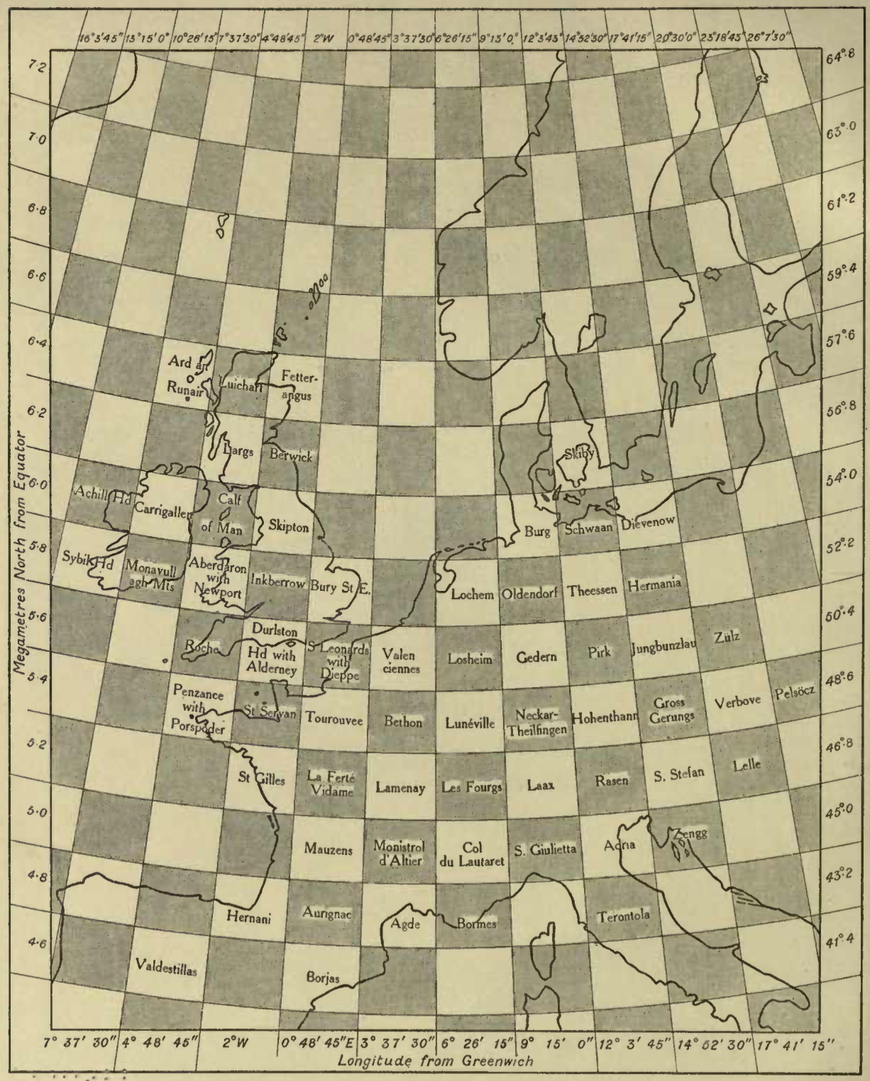 Illustration from Richardson's 1922 book, showing a map of Europe divided into a checkerboard of grid cells.