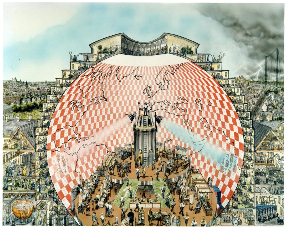 Image of a painting by Stephen Conlin that imagines Lewis Fry Richardson's "Forecast Factory" as a large spherical building.
