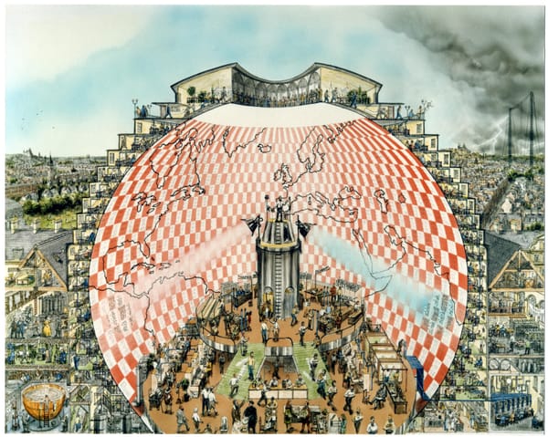 Image of a painting by Stephen Conlin that imagines Lewis Fry Richardson's "Forecast Factory" as a large spherical building.